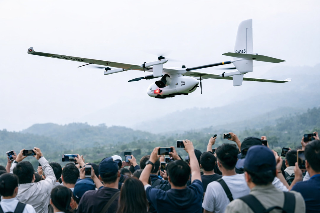 JOUAV CW-15 flying over attentive crowd